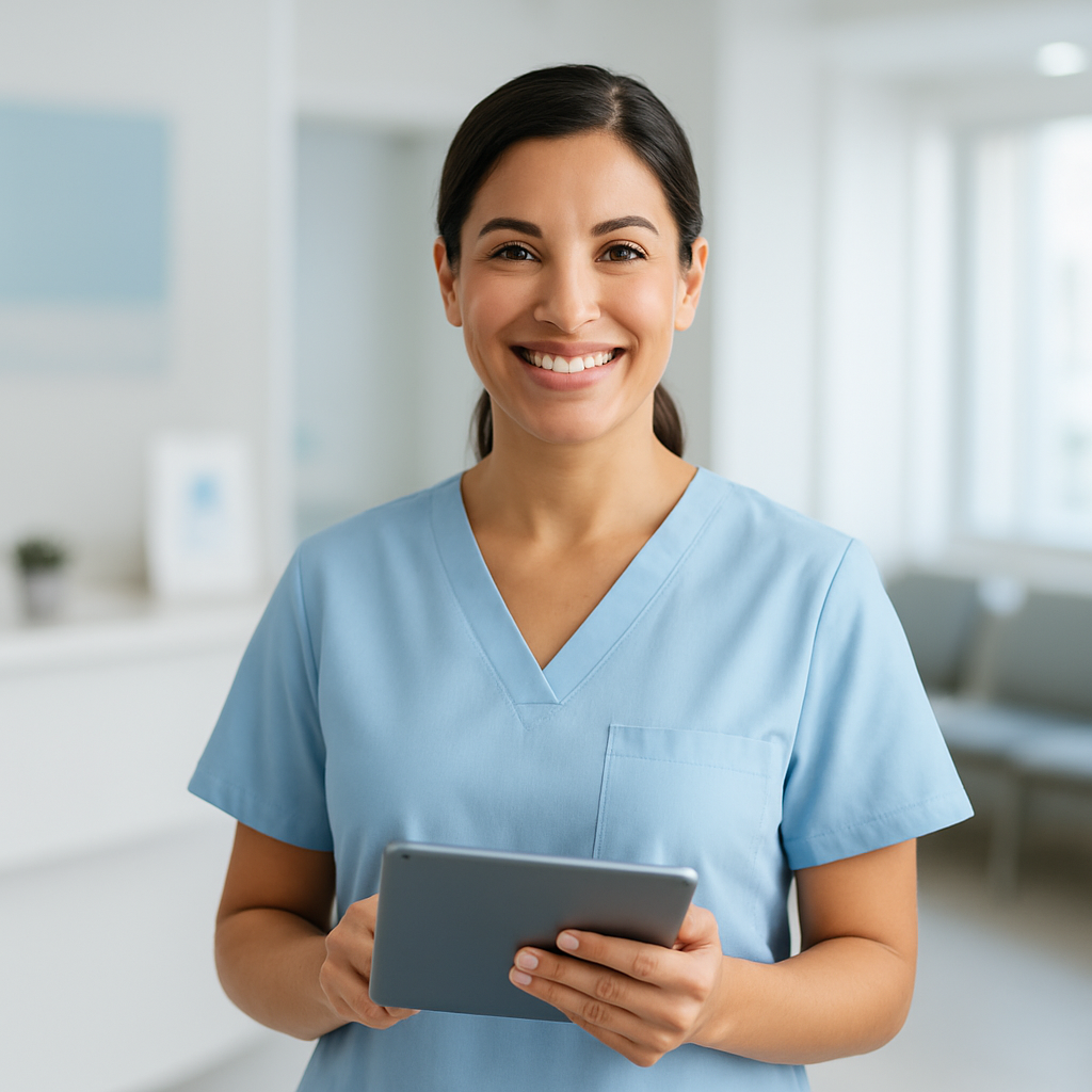 Profesional de la salud sonriendo con una tablet en la recepción de una clínica moderna en Argentina